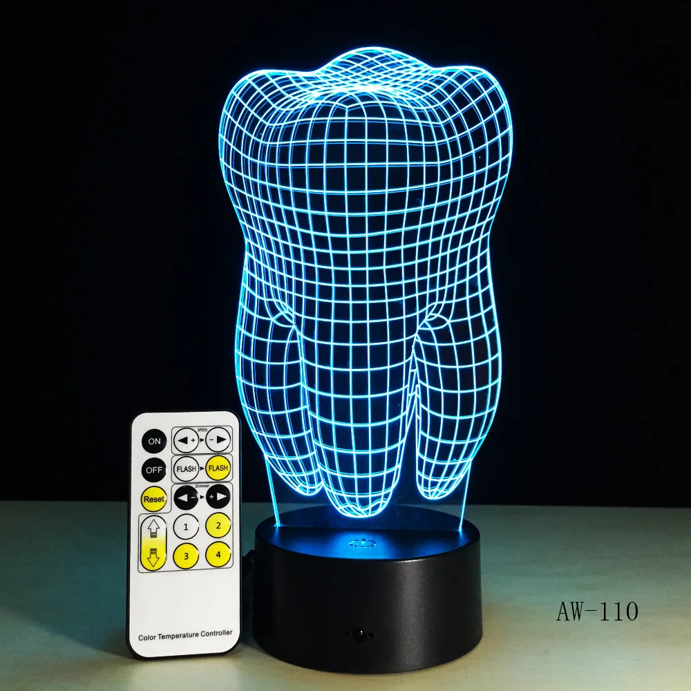 Illusion Tooth 3D LED Night Light Colorful Kids Baby Bedroom Atmosphere Touch Table Cool Lamp as Gift for Dentist  AW-110