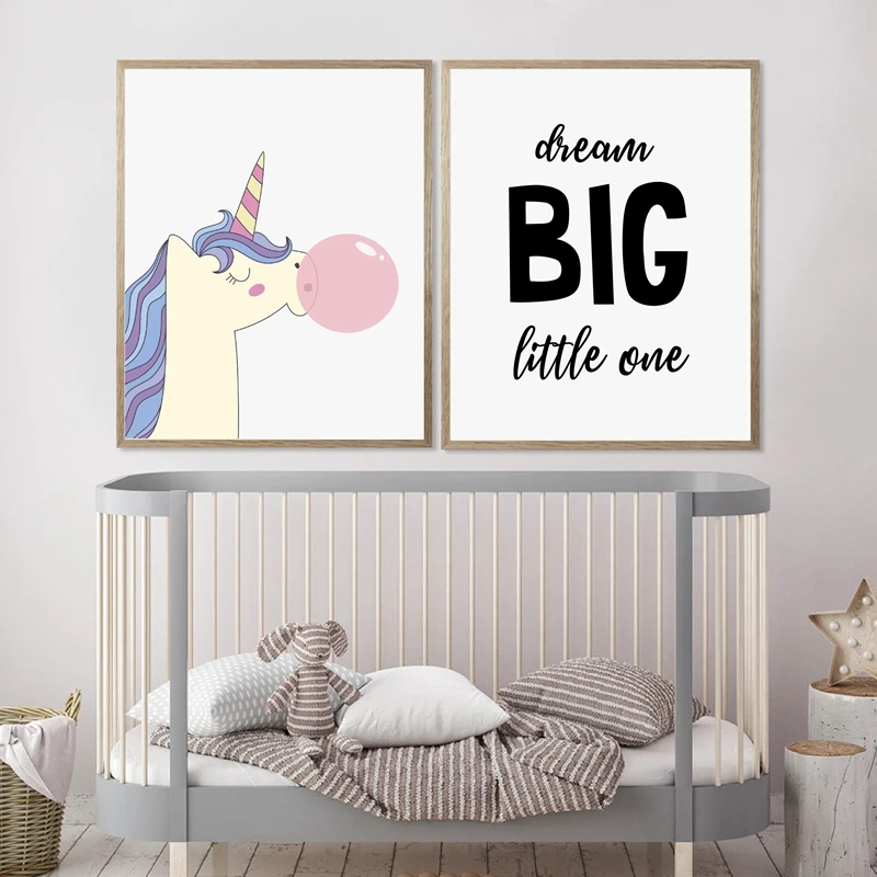 

Cartoon Rainbow Unicorn Canvas Painting Nursery Wall Art Picture , Dream Big Little One Canvas Print Baby Girl's Room Art Decor