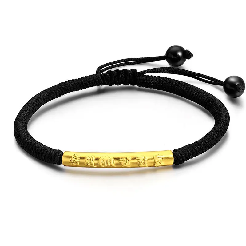 Authentic 24K Yellow Gold Smart Long Tube Black  Red Braided Bracelet - Best Gift