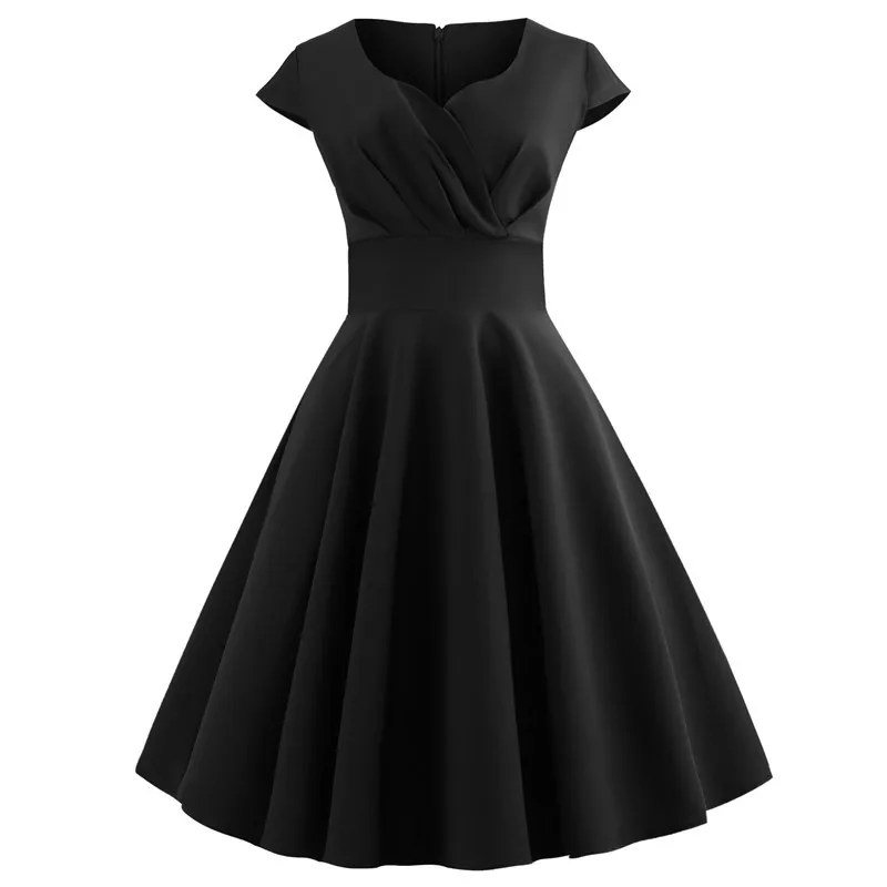 Women\'s Summer Dresses Vintage Elegant V Neck Solid Color Vestido A-Line Pinup Business Party Office Women Flare Blue Dress