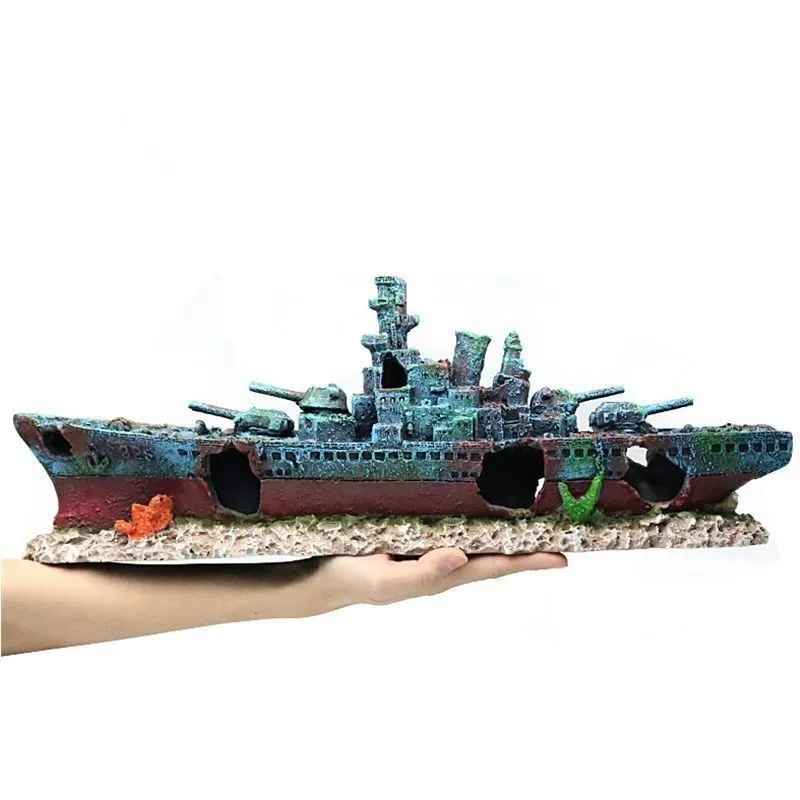 

47*9.5*12cm Navy Warship Batttle Ship Resin Boat Aqaurium Tank Fish Decoration Ornament Underwater Ruin Wreck Landscape A9154