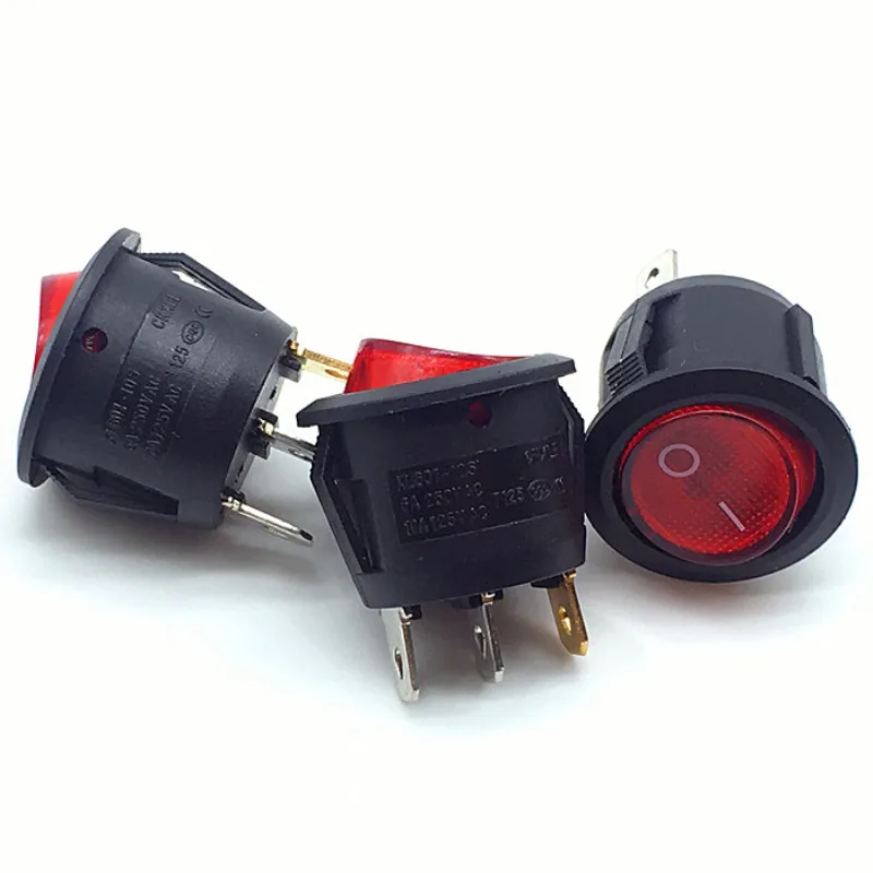 10PCS/LOT 23mm Diameter Red Light ON OFF Round Rocker Switch 3 Pins 6A/250V 10A/125V AC Power Switch KCD1-105