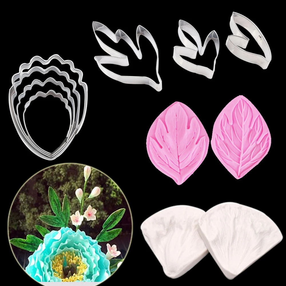 Peony Flower Leaf Flower Veiners Silicone Mold Fondant Sugarcraft Gumpaste Clay Water Paper Candy Cake Decorating Tool CS263