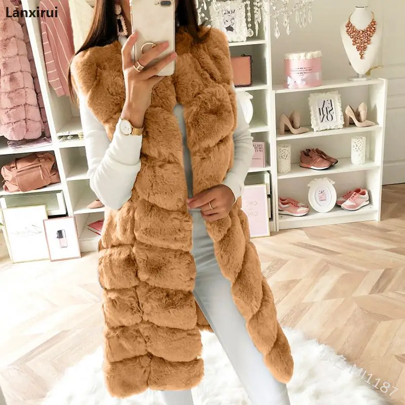 Warm Faux Fur Fox Vest Women Winter Casual Artifical Fur Warm Coat Super X-Long Waistcoat Female Faux Furs Wholesale