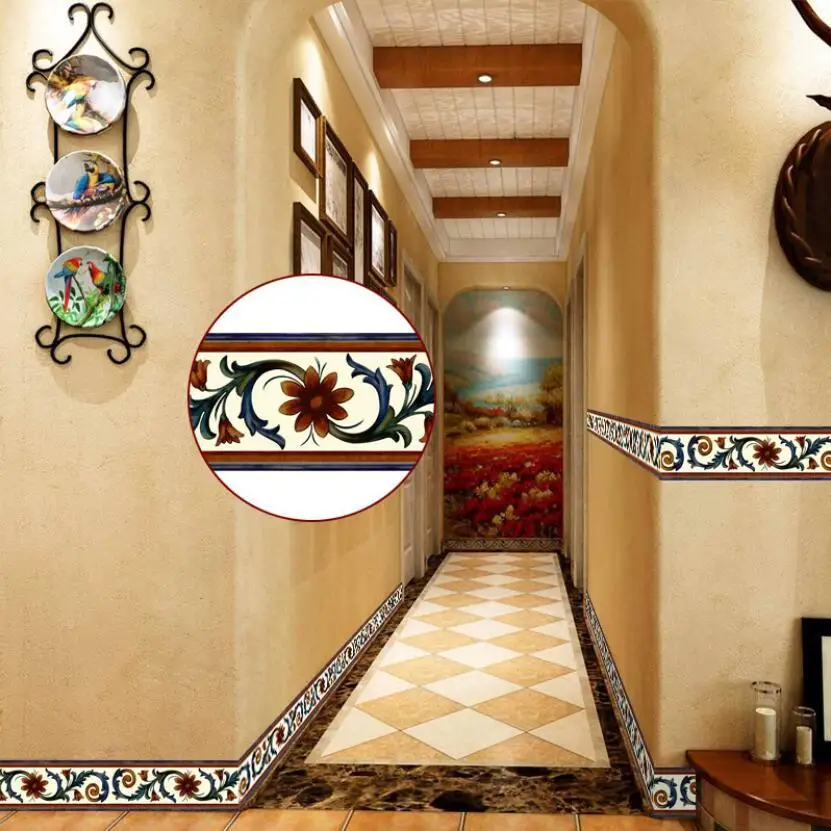 Vintage Flower Vine Wallpaper Borders Kitchen Bathroom Tile Decor Stickers Diy Adhesive Wall Decoration Waist Line Sticker Ez066