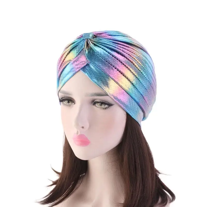 Shiny Turban Chemo Cap Glitter Indian Hat Muslim Women Hijab Head Scarf Pleated Beanie Bonnet Islamic Hair Loss Cover Headwear