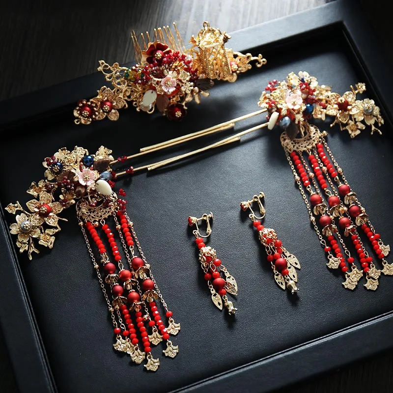 Chinese red beads long hairpins comb earrings tiara red Simple Atmosphere Show Step coronte wedding bride hair jewelry