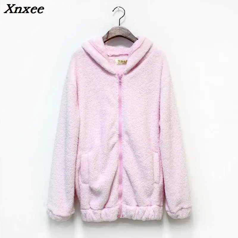 Hot Sale Women Hoodies Zipper Girl  Winter Loose Fluffy Bear Ear Hoodie Hooded Jacket Warm Outerwear Coat Cute Sweatshirt Hoody