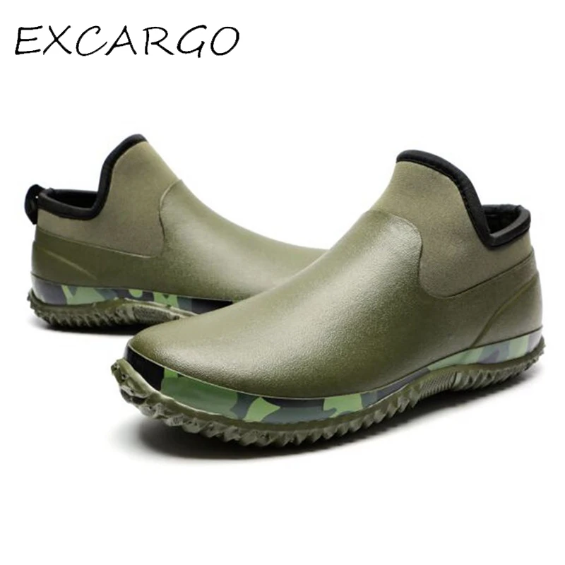 EXCARGO Ankle Rainboots Rubber Boots Shoes For Men Slip On Casual Shoes Male  2019 Shallow Low Flats Rainboots Green Men Shoes