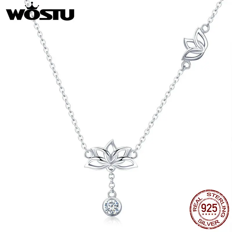 WOSTU Genuine 100% 925 Sterling Silver Lotus Flower Pendant Necklaces For Women Elegant Luxury Original Jewelry Best Gift CTN012