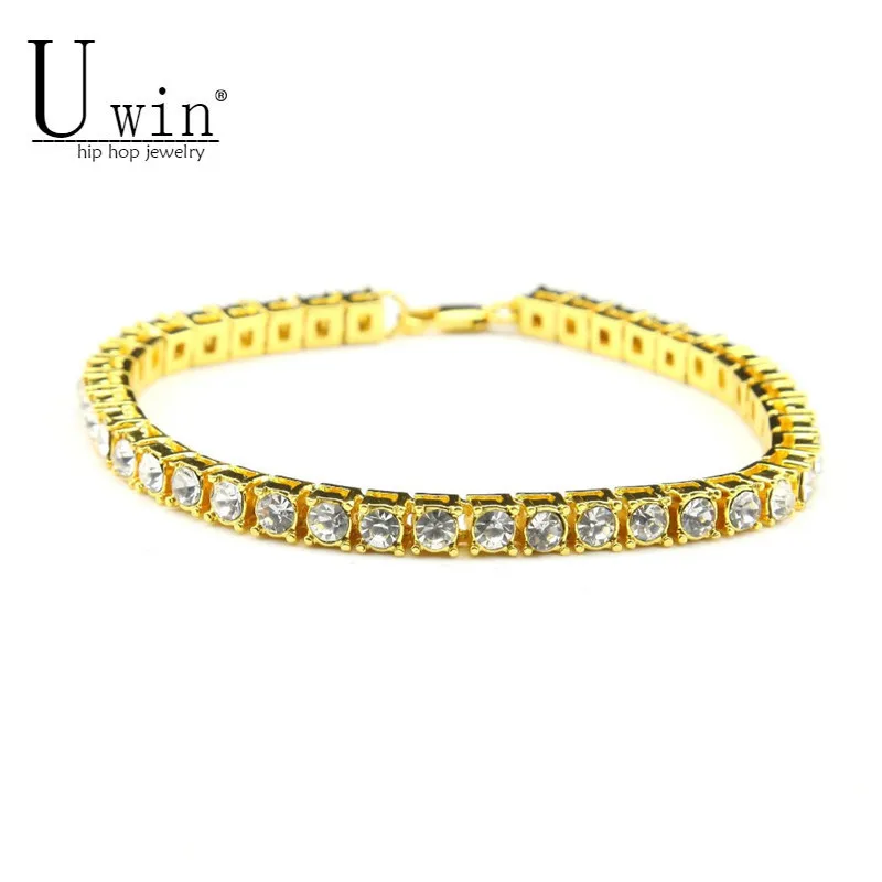 UWIN 8inch Hip hop Men Bracelet color/Gold Iced Out 1 Row Rhinestones Chain Bling Crystal Bracelet Women 20cm Drop Shipping