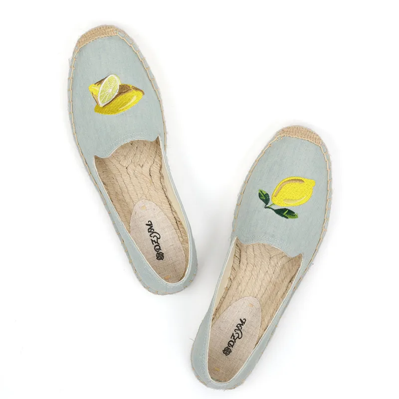 DZYM  Summer Autumn British Canvas Espadrilles Women Fisherman Shoes Lemon Embroidery Knitting Loafers Sewing Zapatos Mujer