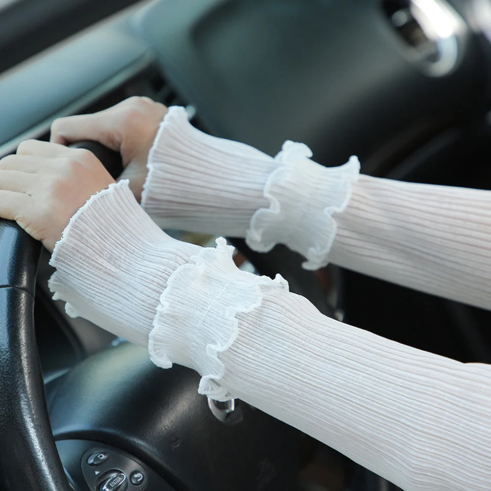 Hete Vrouwen Armwarmers Geplooid Garen Lange Ademende Zonnebrandcrème Aandrijfarm Mouw Vingerloze Handschoenen Sexy Kant Handschoen Effen Wit