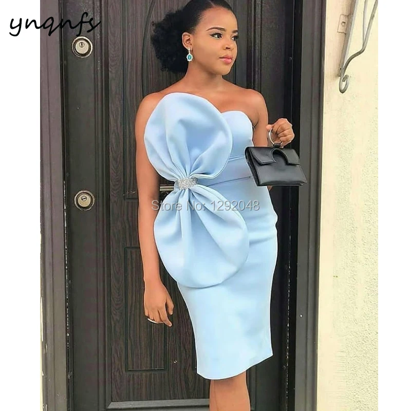 Ynqnfs E8 Nieuwe Collectie Satijnen Jurk Party Grote Boog Knielengte Sky Blue Cocktail Dress 2019