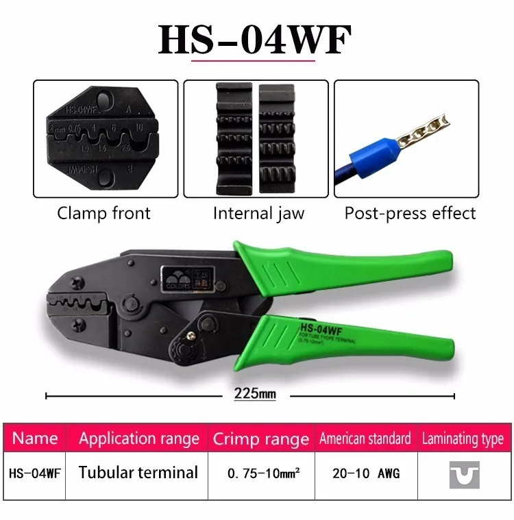 Crimp Pliers Hs-04wf 1.0-10mm 17-7awg Multi Hand Tools Tube Bootlace Terminals Crimping Alicate Replaceable Dies 9 Inch