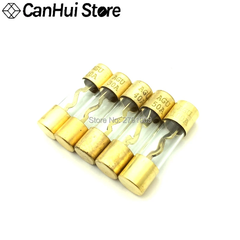 5Pcs 10*38MM Gold Plated Glass AGU Fuse Fuses Pack Car Audio Amp Amplifier 10A 15A 20A 25A 30A 40A 50A 60A 70A 80A 100A