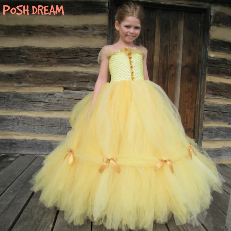 POSH DREAM Beauty and The Beast Belle Princess Girls Cosplay Costume Yellow Gold Belle Princess Children Girls Tutu Dresses