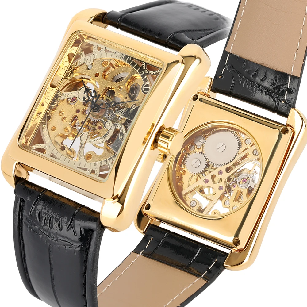 Men\'s Mechanical Watches With Hand-Wind Rectangle Gold Case Leather Strap Wristwatch Skeleton Watch