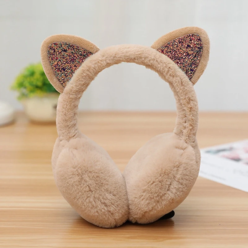 Christmas Winter Cartoon 3D Cat Earmuffs Plush Warm Women Ear Protect Sequined Shinny Soft Glitter Cute Earcap