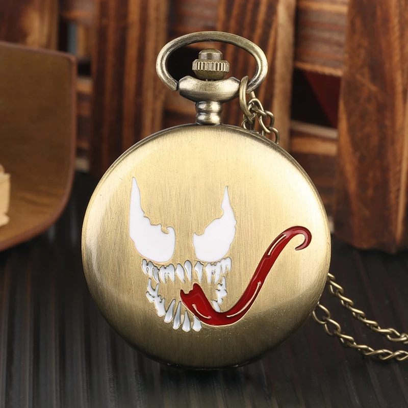 MARVEL Venom Retro Long Tongue Design  Pendant Pocket Watch Anime Comics Black Steampunk Necklace Pendant Cosplay Gifts for Fans