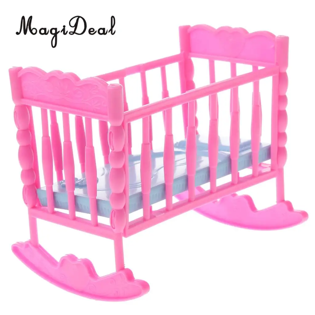 1/6 Pink Dollhouse Miniature Baby Cradle Bed+Stroller Model Furniture Decor for Dolls Accessories Kids Children Pretend Play Toy