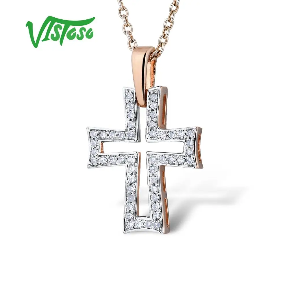 VISTOSO Gold Pendants For Women Authentic 14K 585 Rose Gold Sparkling Diamond Hollow Cross Concise Necklace Pendant Fine Jewelry