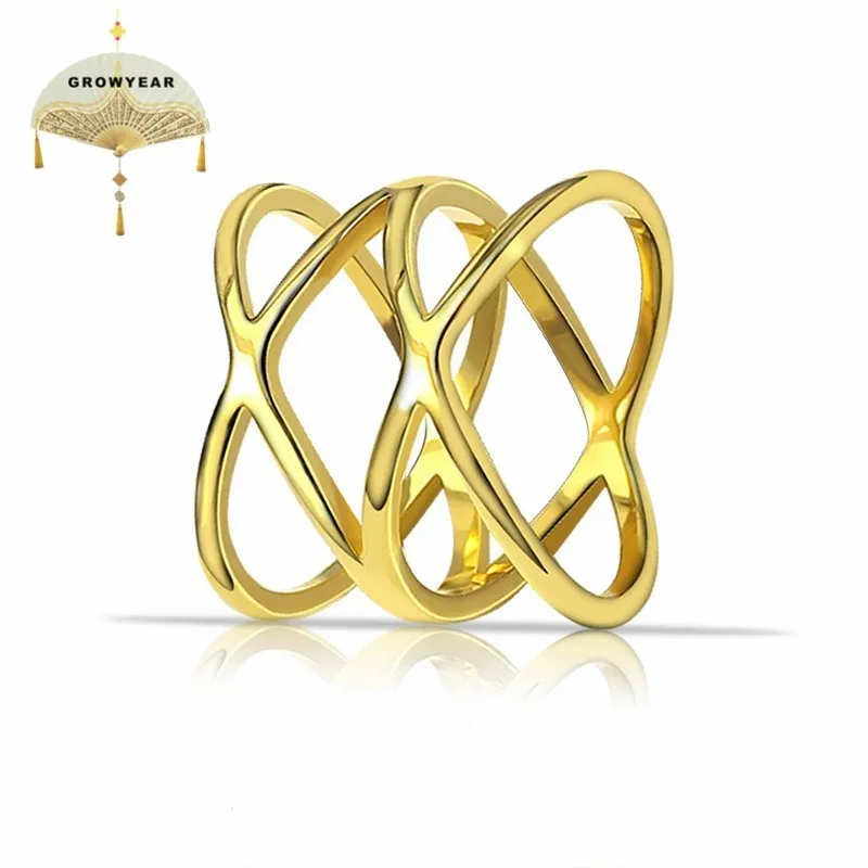 Golden Stainless Steel Ladies Ring Sweet Wind Mesh Wide Cross Design 