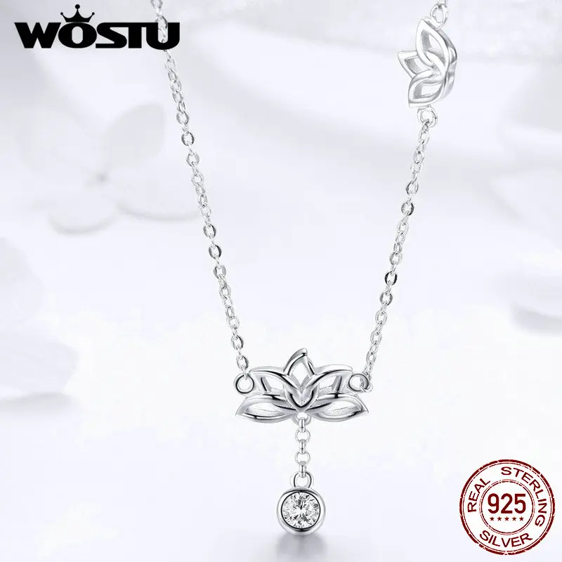 WOSTU-Flor de Lótus Colares Pingentes para Mulheres, 100% 925 Sterling Silver, Genuíno, Elegante, Luxo, Jóias Originais, Melhor Presente, CTN012