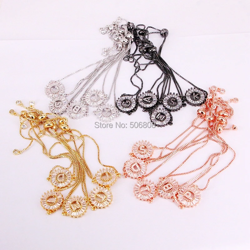 10PCS ZYZ-B4798 Gold Silver color Rose Gold Black Letter Connector Bracelet  Micro Pave CZ Zirconia Round Charm Chain Bracelets