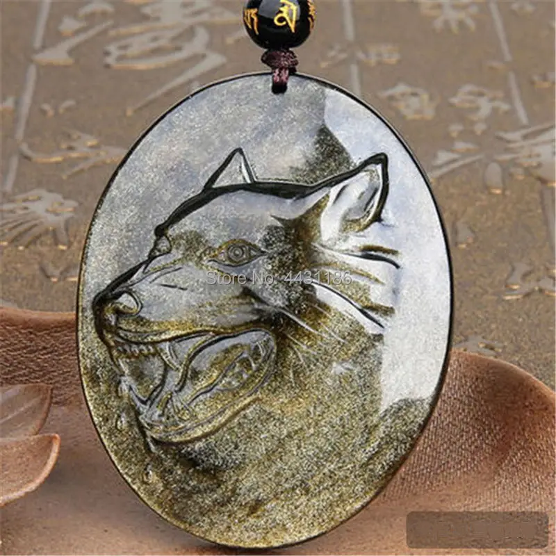 High-Grade Natural Gold Obsidian Stone Hand-Carved Wolf Head Amulet Pendants Necklace*Free Gift Box