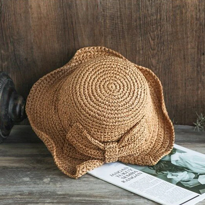 Chapeau de soleil avec nœud en raphia pour femme, chapeaux de plage, panama, paille bretonne, large bord, souple, ombrage, parent-enfant, E27, été,