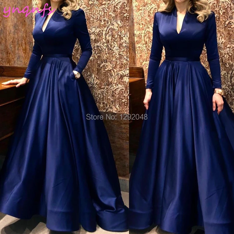 YNQNFS M183 Vintage Satin Pockets A-line V Neck Long Sleeves Royal Blue Mother of the Bride Groom Dresses Plus Size 2024