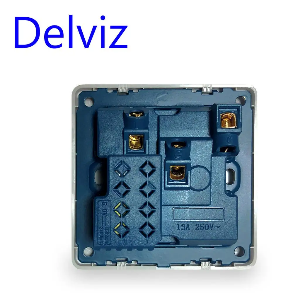 Delviz UK standard 13A wall socket panel, Gold/white type 86 square hole Household, On-off control 2.1A Dual USB 5V Charger Port