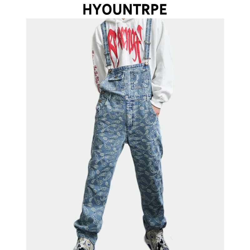 

Hip Hop Denim Suspender Trousers 2019 Spring Mens New Fashion Embroidery Denim Jeans Jumpsuit Loose Straight Casual Pants