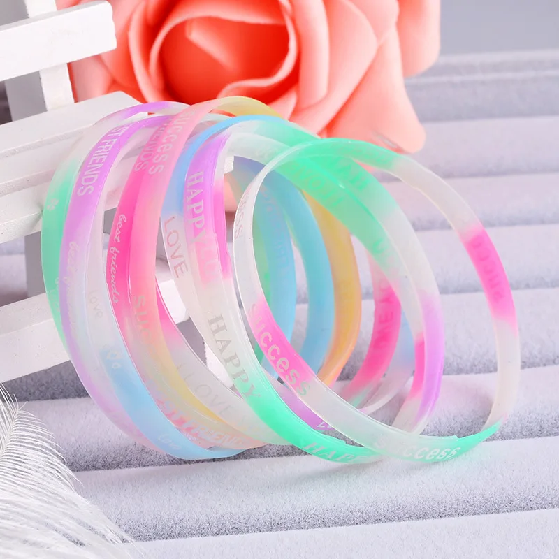 10 pçs criança luminosa pulseira de silicone doce-colorido letras movimento pulseira moda impressão borracha pulseira de pulso jóias do bebê