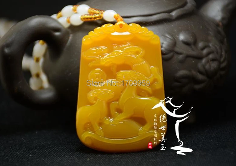 Natural Huanglong Jade Hand-Carving Lucky Three Rams Bring Bliss Pendant Nice Amulet Ornaments*Free Gift Box+ Bead Necklace