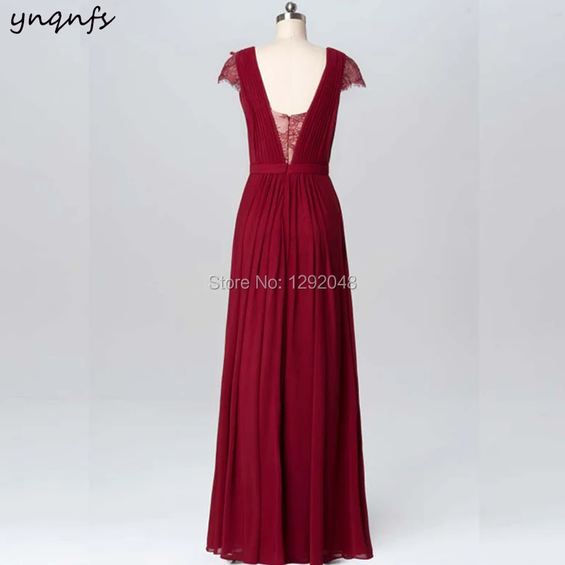 YNQNFS-Vestido Formal de gasa para dama de honor, Vestido elegante de encaje con mangas, cuello en V, línea A, para fiesta de celebridades, color burdeos, M36