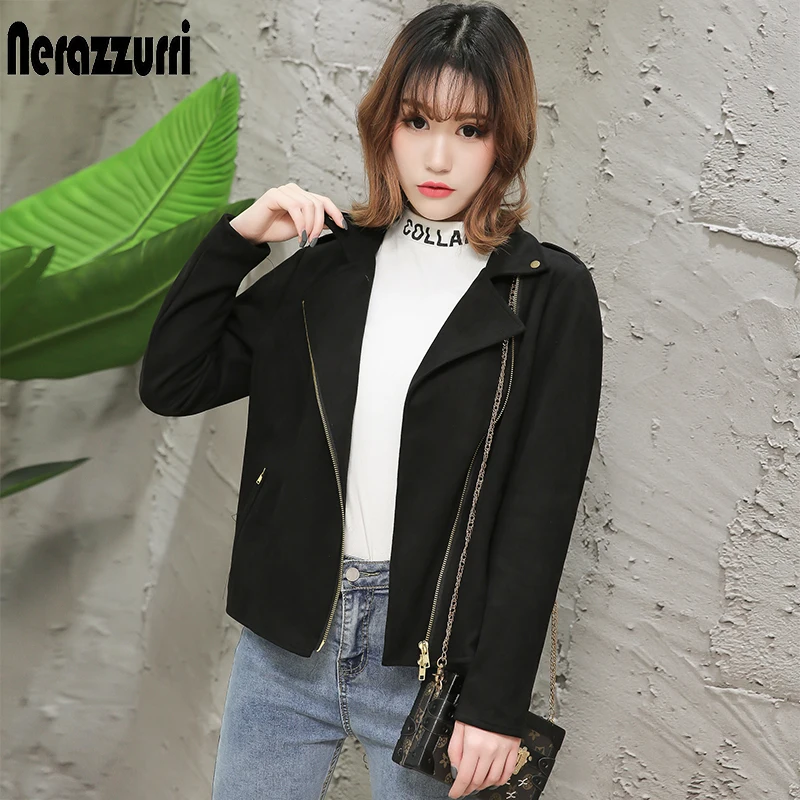 Nerazzurri Frühling Herbst Kurz Braun Weichem Wildleder Biker Jacke Schwarz Damen Schwarz Faux Leder Mantel Long Sleeve Zipper 5xl 6xl 7xl