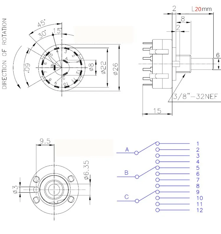 1pc RS26 3P4T 3 Pole 4 Position Selectable Band Rotary Channel Selector Switch Handle length 20MM with knob