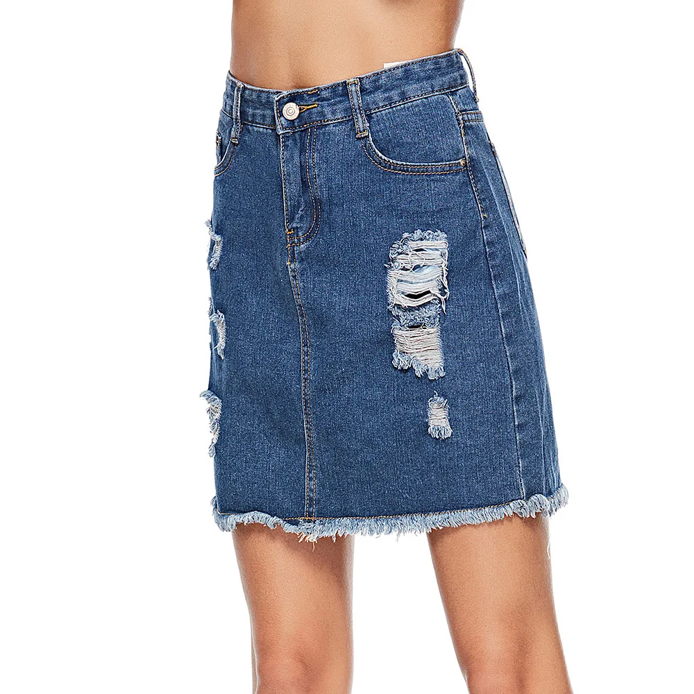 

Casual High Waist Denim Skirt Blue Light Wash Women Distressed Mini Pencil Skirt ladies Sexy Ripped Summer vintage jeans skirt