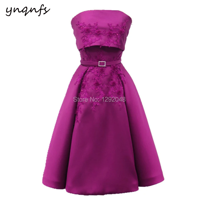 YNQNFS M113 Vintage Strapless Wine Red Satin Dress Party Gown Guest Wear Knee Length Mother of the Bride Groom Dresses