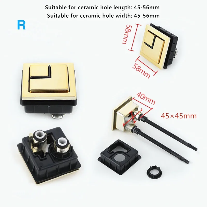 Outer top 58X58mm Gold color Square Toilet dual push button,Suitable for toilet water tank ceramic cover hole 45-56mm,J18262