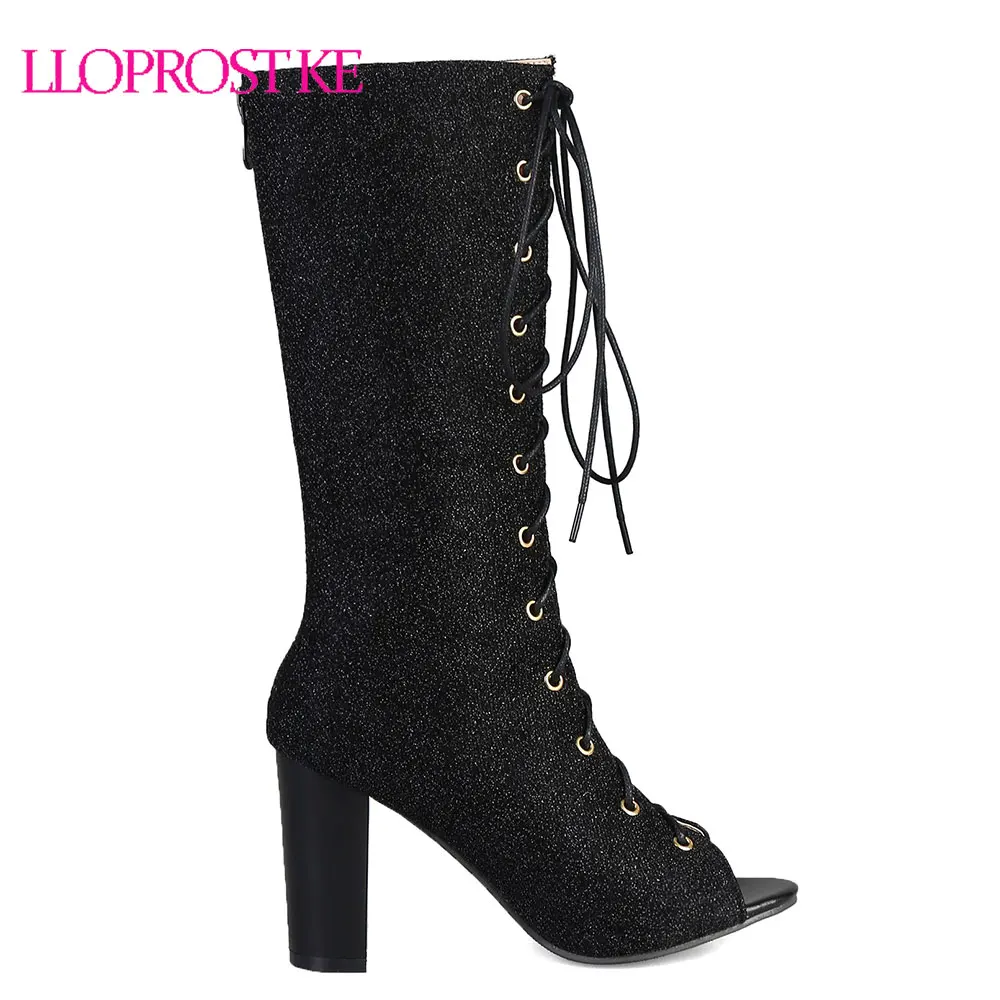 Lloprost Ke Size 33-48 Dikke Hak Vrouwen Schoenen Lace Up Mid Calf Laarzen Leisure Vrouw Zomer Laarzen Peep teen Platform Sandalen H185