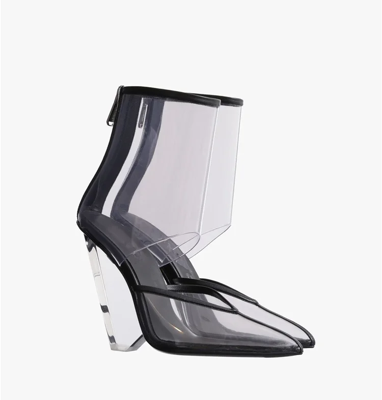 Sexy Ladies Clear PVC Patchwork Spike Heels Ankle Boots Female Pointed Toe Instep Cut Out Gladiator Boots Mujer Zapatos Bottine