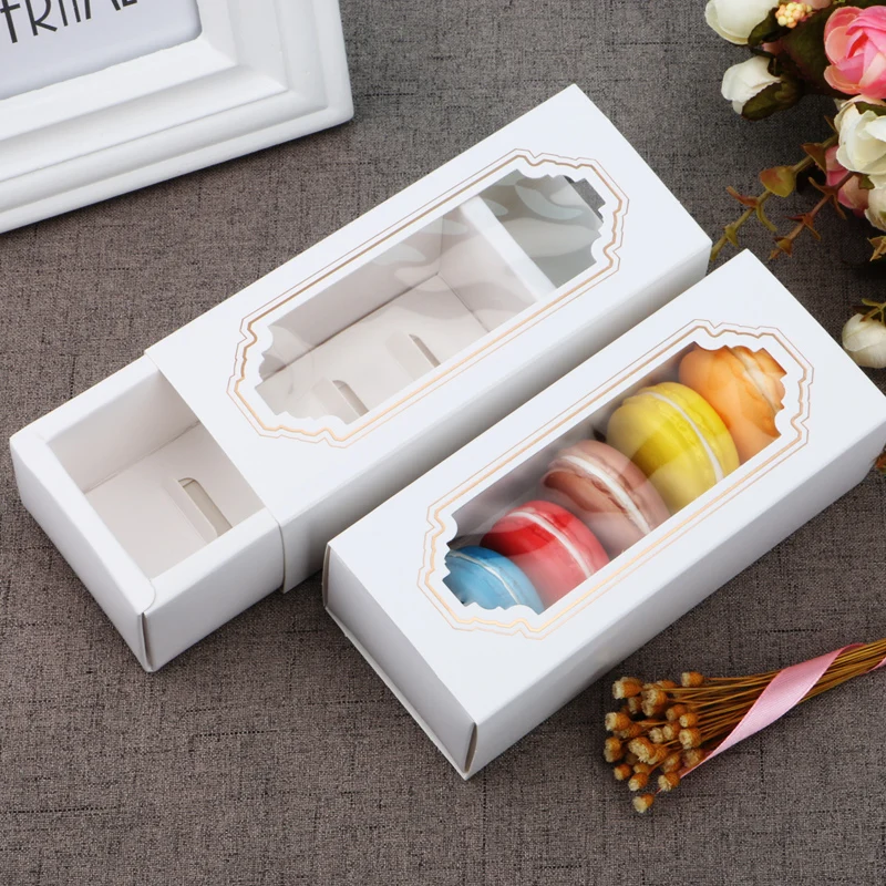 

10 Pcs Macarons Box Pvc Window White Bronzing Kraft Paper Gift Packaging Box Kid Birthday Wedding Cake Boxes For Guests Candy