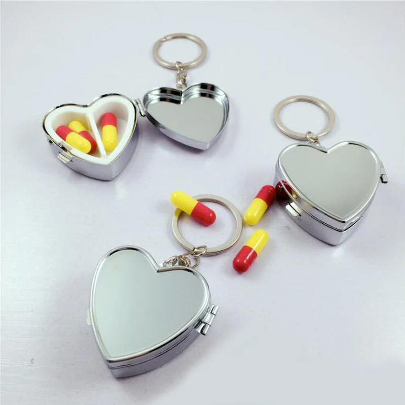 16pcs/lot Metal heart Silver Pill Boxes Holder 2 Grids Medicine Case Small Portable Case Container Splitters Health Care MR071