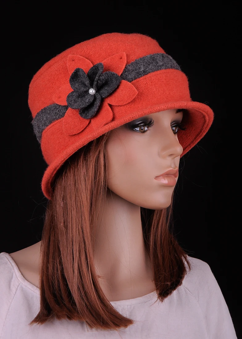 Women\'s Vintage Orange Wool Floral Beanie Embellishment Rosette Cloche Bucket Hat Winter Cap