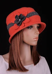 Women's Vintage Orange Wool Floral Beanie Embellishment Rosette Cloche Bucket Hat Winter Cap