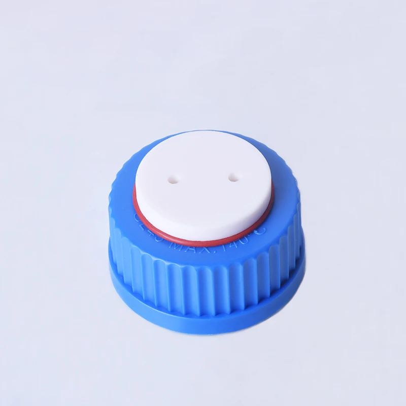 

Blue thread cap with 2 holes, GL 45mm, Plastic Screw Cap with threaded bezel ring, Mobile phase liquid bottle cap