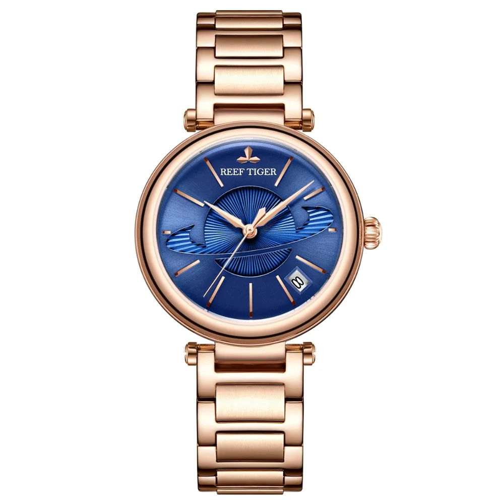 Reef Tiger/RT Luxury Rose Gold Blue Watch for Ladies Luxury Creative Watch Waterproof Women Watch Relogio Feminino RGA1591